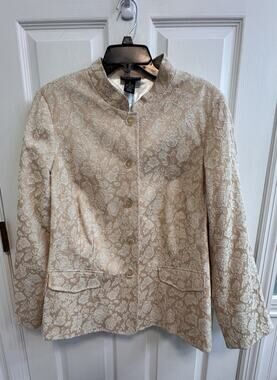 Dialogue 1X Beige Peach Brocade Jacket Stand Collar Button Long Sleeve